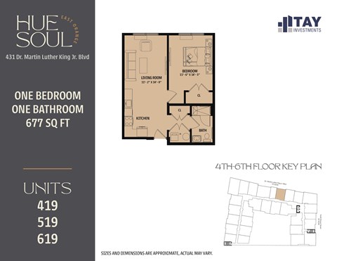 Floor plan for 1 bed, 1 bath, 677 sqft
